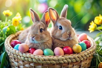 Easter Rabbits in Basket with Eggs - AI Photography