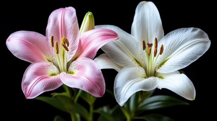 Fototapeta premium Pink and White Lilies on Black Background