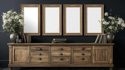 Fototapeta premium Rustic Wooden Sideboard with Blank Frames and Flowers