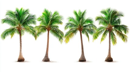 Four Lush Coconut Palm Trees Isolated on White