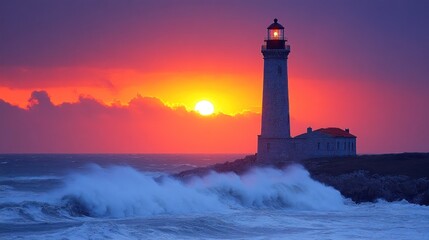 Obraz premium Coastal lighthouse sunrise, stormy sea, dramatic sky