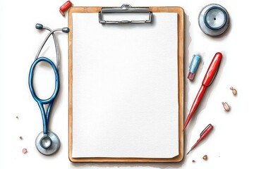 A clean medical clipboard with stethoscope, pen, and medicine. Perfect for healthcare, notes, and medical presentations.