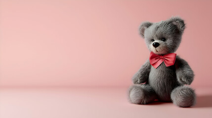 Fototapeta premium A soft teddy bear wearing a red bow tie, sitting on a pastel pink background