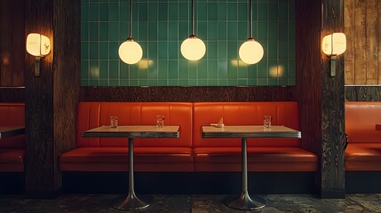 A retro diner booth with modern light fixtures and updated, minimalist decor