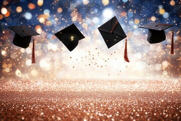 Joyful Graduation Celebration Caps Tossed in Glittering Air