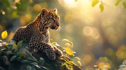 Leopard resting on a mossy rock in golden sunlight in the jungle