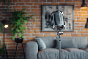 Vintage microphone stands in a cozy living room with a brick wall and modern furnishings, ideal for music or podcast recordings