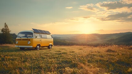 A retro camper van with sleek solar panels, parked in a serene, sunlit meadow
