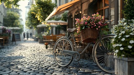 A vintage bike with a basket of flowers parked near a modern outdoor cafe