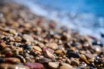 Colorful pebbles on a sunlit beach near the gentle waves of the ocean