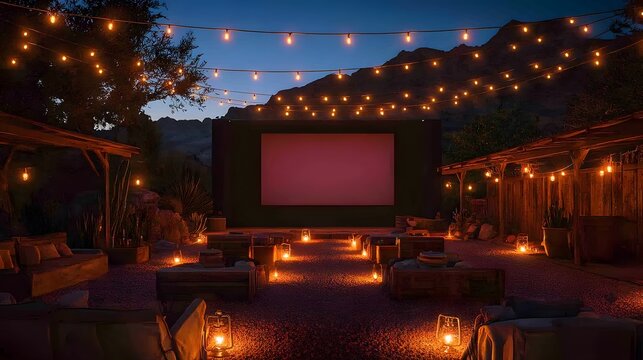 A classic drive-in movie theater updated with digital projectors and glowing string lights overhead