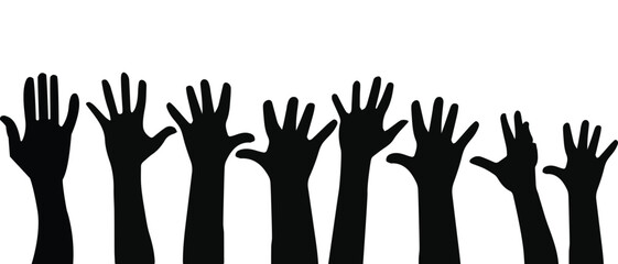 people raising hand silhouettes. People raising hand at the concert. row of hands reaching up in the air Silhouette. The hands are all different shapes and sizes.
