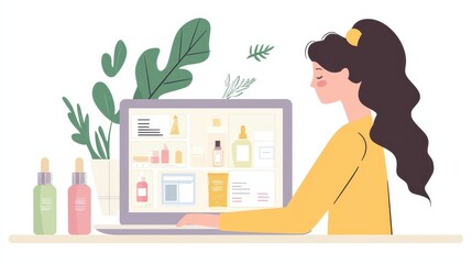 A woman shopping for beauty products online, looking at product reviews on a laptop on a white isolated background