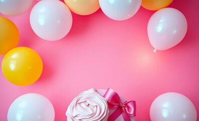 Colorful party balloons, pink background, white and yellow balloons, festive decorations, cupcake with swirled frosting, celebratory scene, birthday party setup, pastel colors, cheerful atmosphere, ba