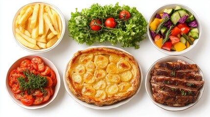 Delicious Dinner Platter with Potato Tart, Roasted Meat, and Fresh Vegetables