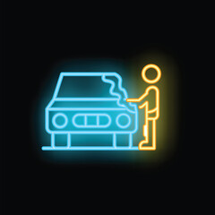 Neon sign illustrating a mechanic examining a damaged car, perfect for themes of car repair and automotive services