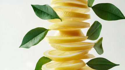 Lemon slices on a white background, Yellow lemons with green leaves on white background. Tropical organic fruit with vitamin C ,sliced lemon on a wooden cutting board ,The Lemon and lemon slice 