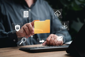 Cyber security technology of DMS, Document management system concept, Businessman choose electronic folder online paperless technology, Search  from cloud computing, Password protection, reduce paper