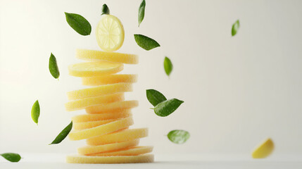 Lemon slices on a white background, Yellow lemons with green leaves on white background. Tropical organic fruit with vitamin C ,sliced lemon on a wooden cutting board ,The Lemon and lemon slice 