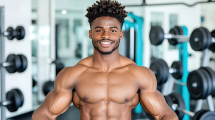 Naklejka premium Muscular man smiling in gym, showcasing fitness and strength