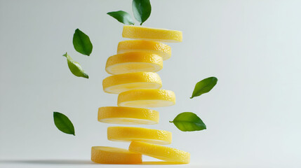 Lemon slices on a white background, Yellow lemons with green leaves on white background. Tropical organic fruit with vitamin C ,sliced lemon on a wooden cutting board ,The Lemon and lemon slice 