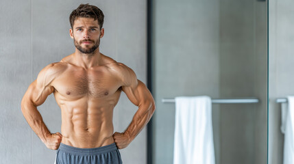Obraz premium Muscular man flexing in front of mirror, showcasing fitness and strength