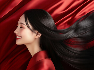 Fototapeta premium 赤い背景の美しい髪の毛の女性