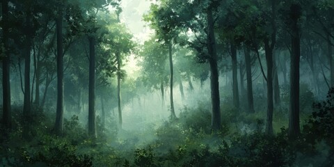 Obraz premium Foggy forest with mist, pine trees, snow-covered landscape, and distant mountains under a cloudy sky