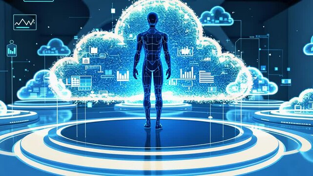 A futuristic scene depicting a humanoid figure amidst digital cloud data representations.