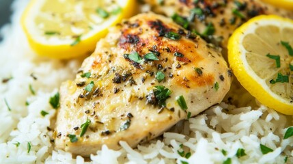 Close-up of rice with creamy lemon herb chicken. Featuring chicken with lemon and herbs, served over rice. Emphasizing a tangy, creamy dish. Ideal for lemon chicken recipes.