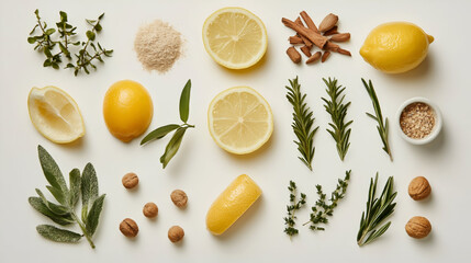 Lemon and herbs background with white marble copy space, Pattern with aromatic herbs and spices on white background ,Pattern with aromatic herbs and spices on white background 