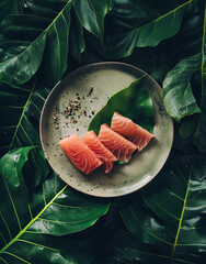 sliced tuna meat on a plate against a background of dark green leaves