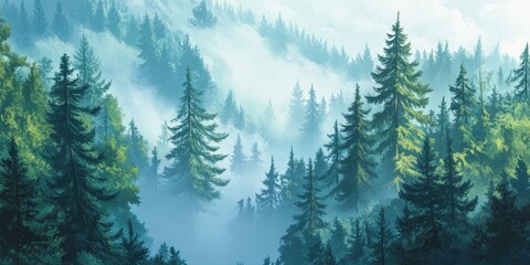 Fototapeta premium Foggy forest with mist, pine trees, snow-covered landscape, and distant mountains under a cloudy sky