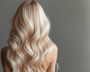 Portrait of a blonde woman with curly hair. Back view