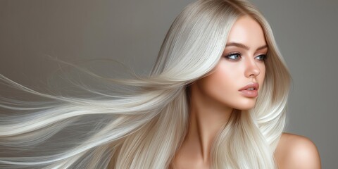 portrait of a blonde with straight shiny hair flowing to the side