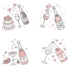 Champagne bachelorette party set, vector watercolor wedding coquettish alcohol beverage, wineglass. Feminine pink celebration cocktail drink, aesthetic Valentine's Day date, bottle. 