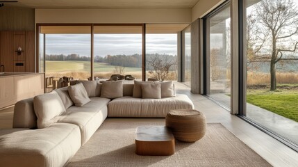 Fototapeta premium A Minimalist Living Room With Floor-To-Ceiling Windows Offers Stunning Views Of A Serene Autumn Landscape. The Neutral Color Palette And Natural Materials Create A Calming And Inviting Atmosphere.