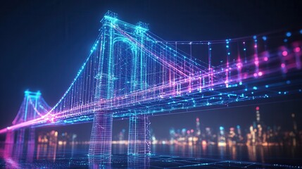 Fototapeta premium Luminous Digital Bridge Over Futuristic Cityscape at Night