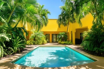 Fototapeta premium Lush Tropical Courtyard With Inviting Pool And Yellow Building