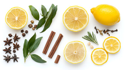 Lemon and herbs background with white marble copy space, Pattern with aromatic herbs and spices on white background ,Pattern with aromatic herbs and spices on white background 