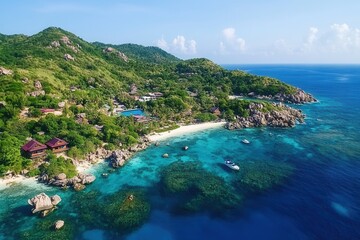 Fototapeta premium Lush Tropical Island Paradise An Aerial View of Tranquil Beaches and Turquoise Waters