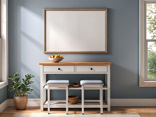 Frame mockup, ISO A paper size. Living room wall poster mockup. Interior mockup with house background. Modern interior design. 3D render