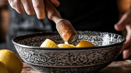 Closeup of lemon extract being added to a dessert, A dessert featuring a lemon topping, drizzled with syrup, on a rustic plate, Lemon curd in glass jar with fresh lemons