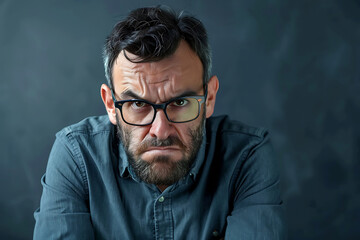 Obraz premium Angry Man with Glasses Posing in Front of a Dark Background