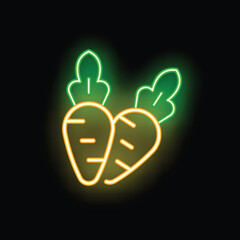 Neon sign illustrating two carrots with green leaves, glowing on a black background