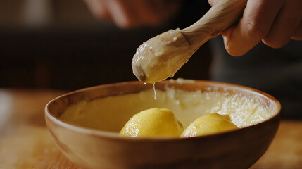 Closeup of lemon extract being added to a dessert, A dessert featuring a lemon topping, drizzled with syrup, on a rustic plate, Lemon curd in glass jar with fresh lemons