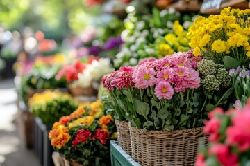 Obraz premium Colorful flowers arranged in wicker baskets decorating a flower shop