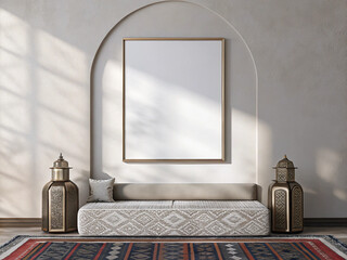 Frame mockup, ISO A paper size. Moroccan-inspired Lounge. Interior mockup with house background. Modern interior design. 3D render