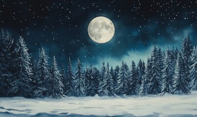 Naklejka premium Full Moon Night in Snowy Winter Forest - Watercolor Painting of Serene Nature Scene with Starry Sky and Snow-Covered Trees, 