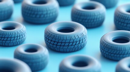 Blue tires arranged on a pastel background, tire industry